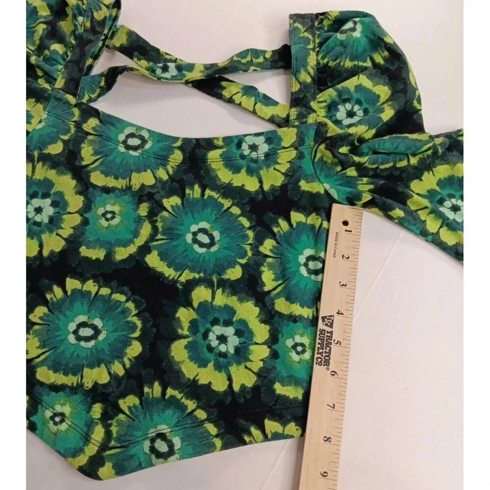 Free People Retro Hippie Green Square Neck Puff Sleeve Bandana Original! Small‎